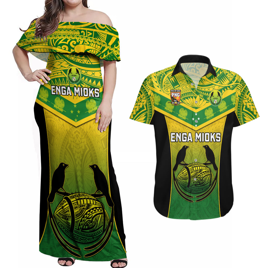 Papua New Guinea Rugby Couples Matching Off Shoulder Maxi Dress and Hawaiian Shirt Enga Mioks PNG Polynesian Pattern LT14 Green - Polynesian Pride