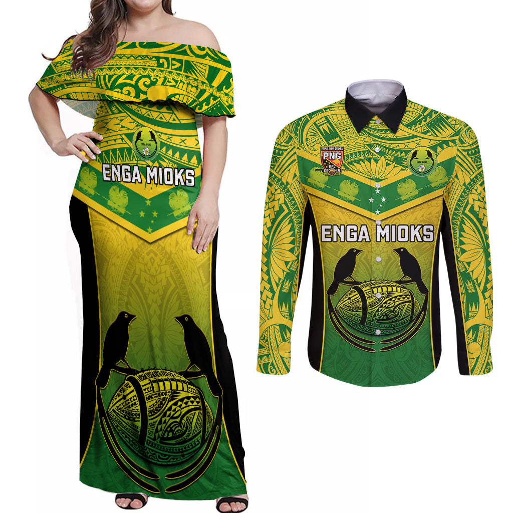 Papua New Guinea Rugby Couples Matching Off Shoulder Maxi Dress and Long Sleeve Button Shirts Enga Mioks PNG Polynesian Pattern LT14 Green - Polynesian Pride
