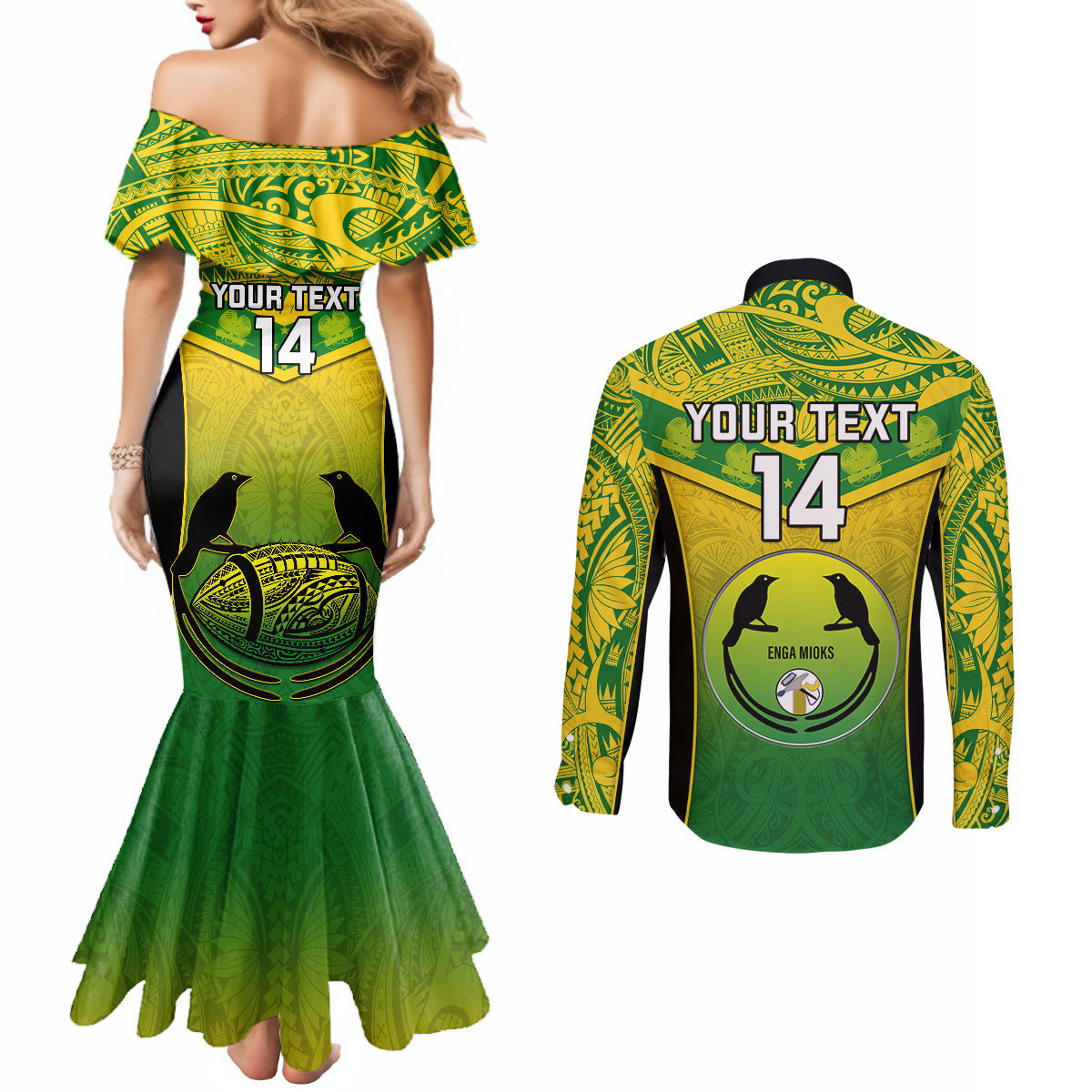 Custom Papua New Guinea Rugby Couples Matching Mermaid Dress and Long Sleeve Button Shirts Enga Mioks PNG Polynesian Pattern LT14 - Polynesian Pride