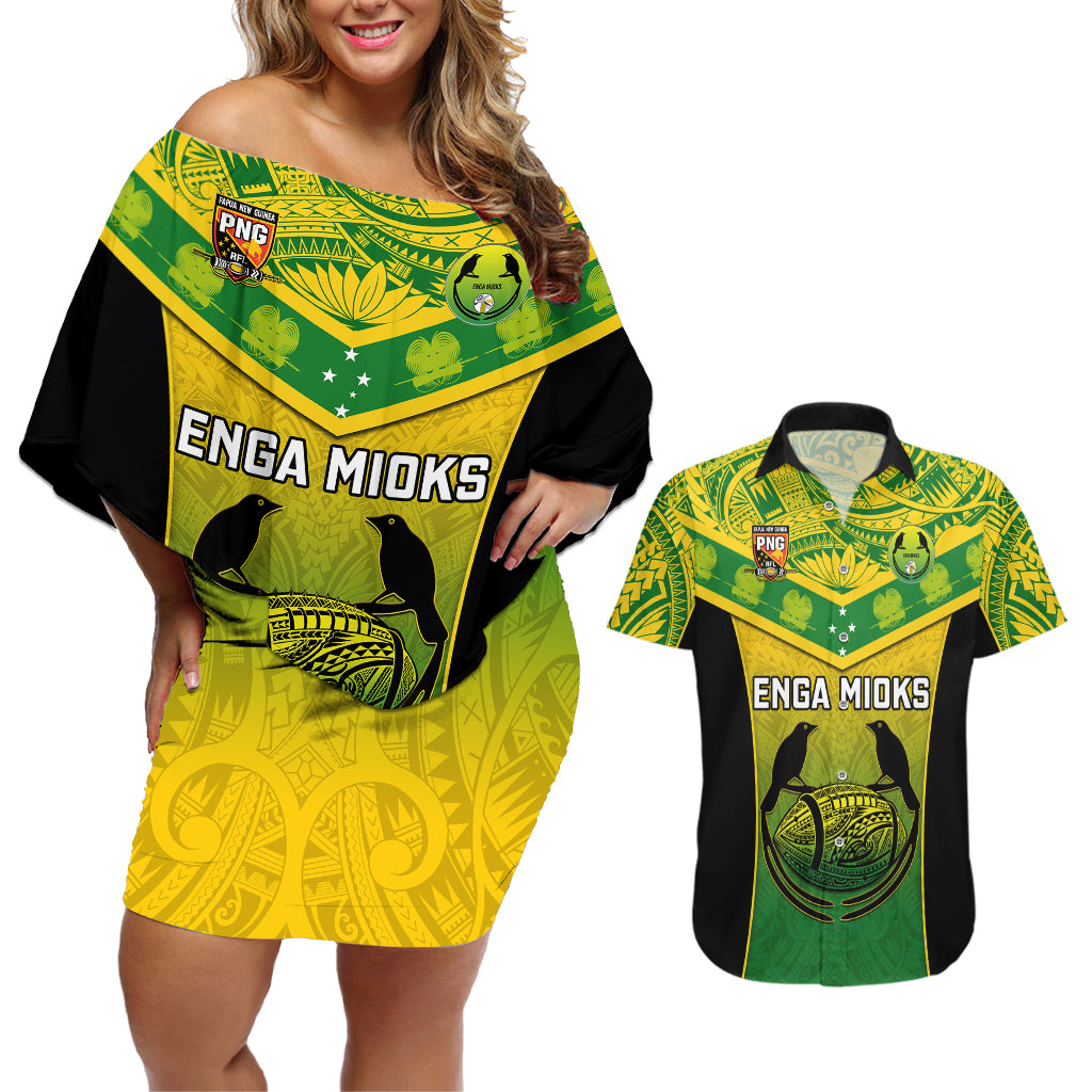 Custom Papua New Guinea Rugby Couples Matching Off Shoulder Short Dress and Hawaiian Shirt Enga Mioks PNG Polynesian Pattern LT14 Green - Polynesian Pride