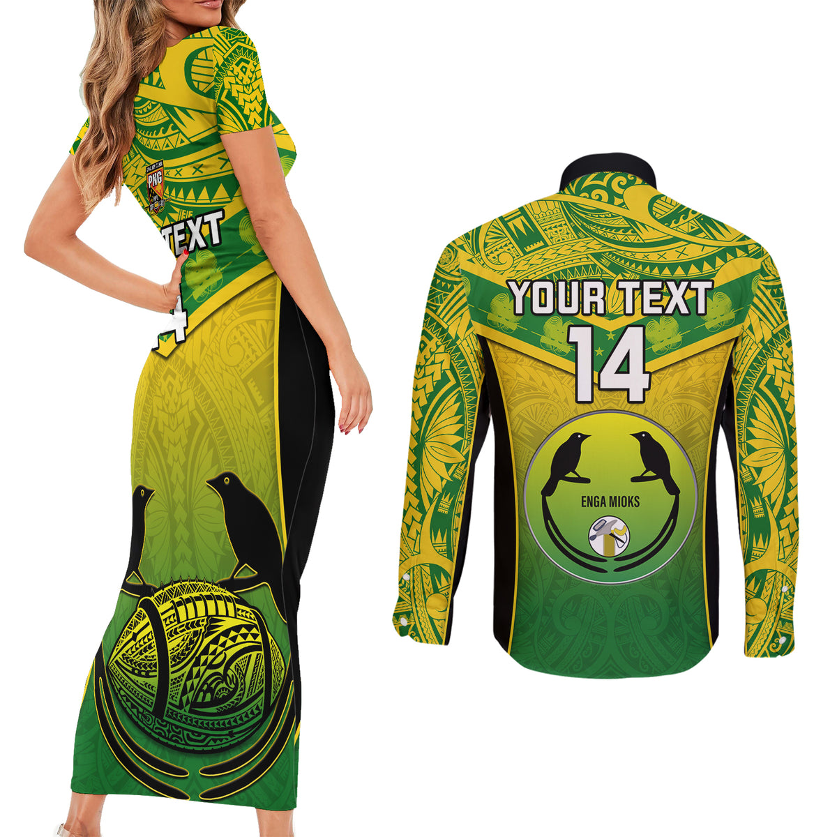 Custom Papua New Guinea Rugby Couples Matching Short Sleeve Bodycon Dress and Long Sleeve Button Shirts Enga Mioks PNG Polynesian Pattern LT14 - Polynesian Pride