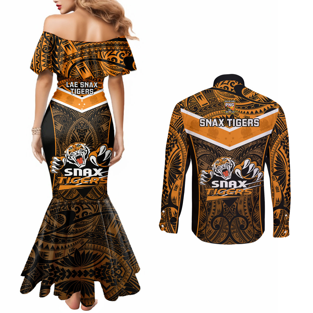 Papua New Guinea Rugby Couples Matching Mermaid Dress and Long Sleeve Button Shirts Lae Snax Tigers PNG Polynesian Pattern LT14 - Polynesian Pride