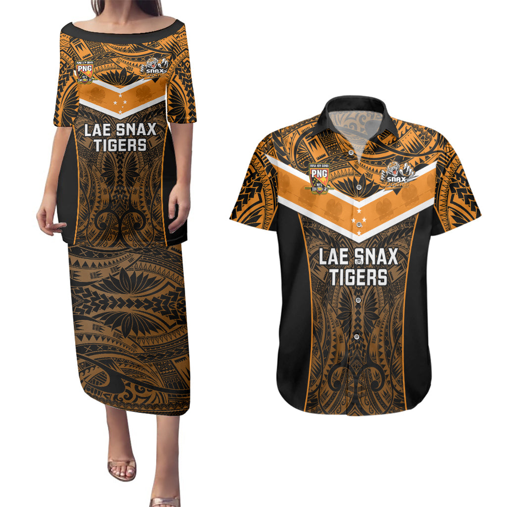 Papua New Guinea Rugby Couples Matching Puletasi Dress and Hawaiian Shirt Lae Snax Tigers PNG Polynesian Pattern LT14 Orange - Polynesian Pride