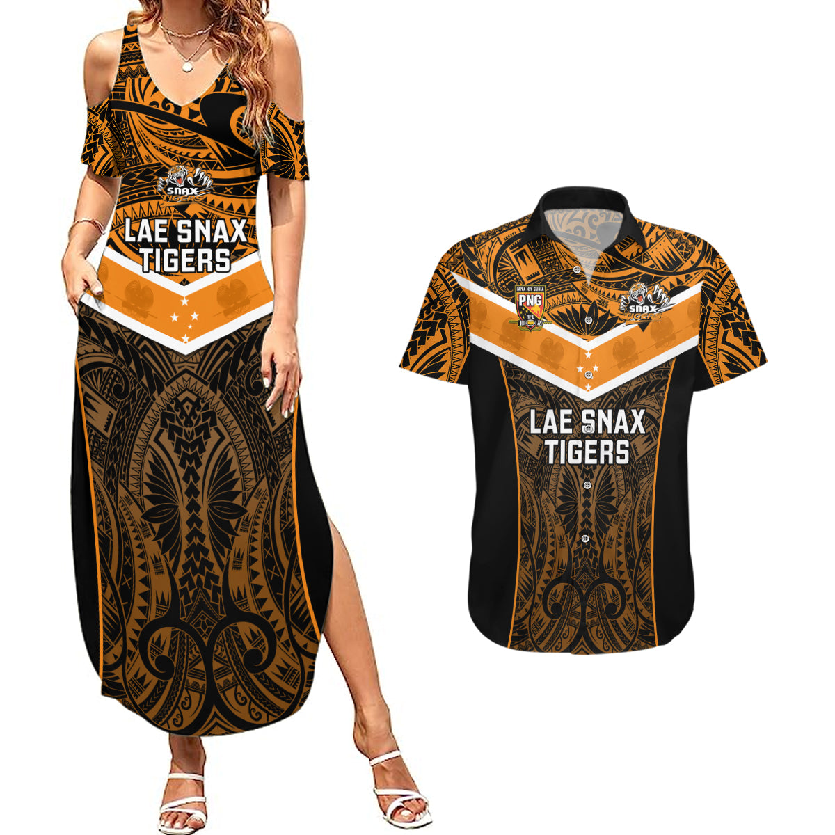 Papua New Guinea Rugby Couples Matching Summer Maxi Dress and Hawaiian Shirt Lae Snax Tigers PNG Polynesian Pattern LT14 Orange - Polynesian Pride