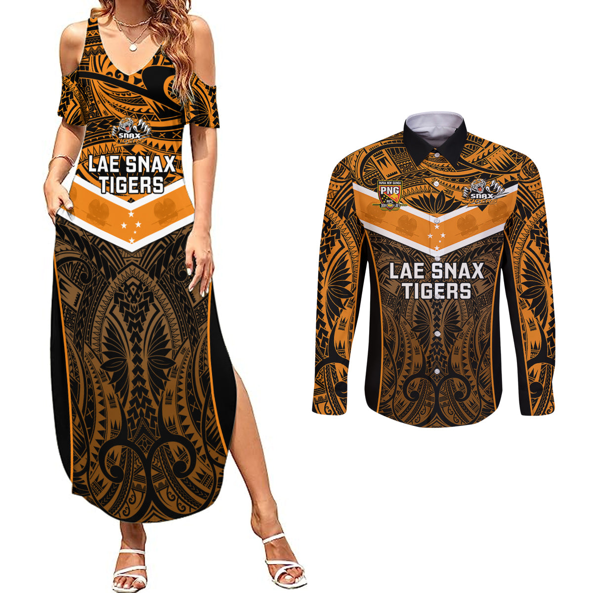 Papua New Guinea Rugby Couples Matching Summer Maxi Dress and Long Sleeve Button Shirts Lae Snax Tigers PNG Polynesian Pattern LT14 Orange - Polynesian Pride