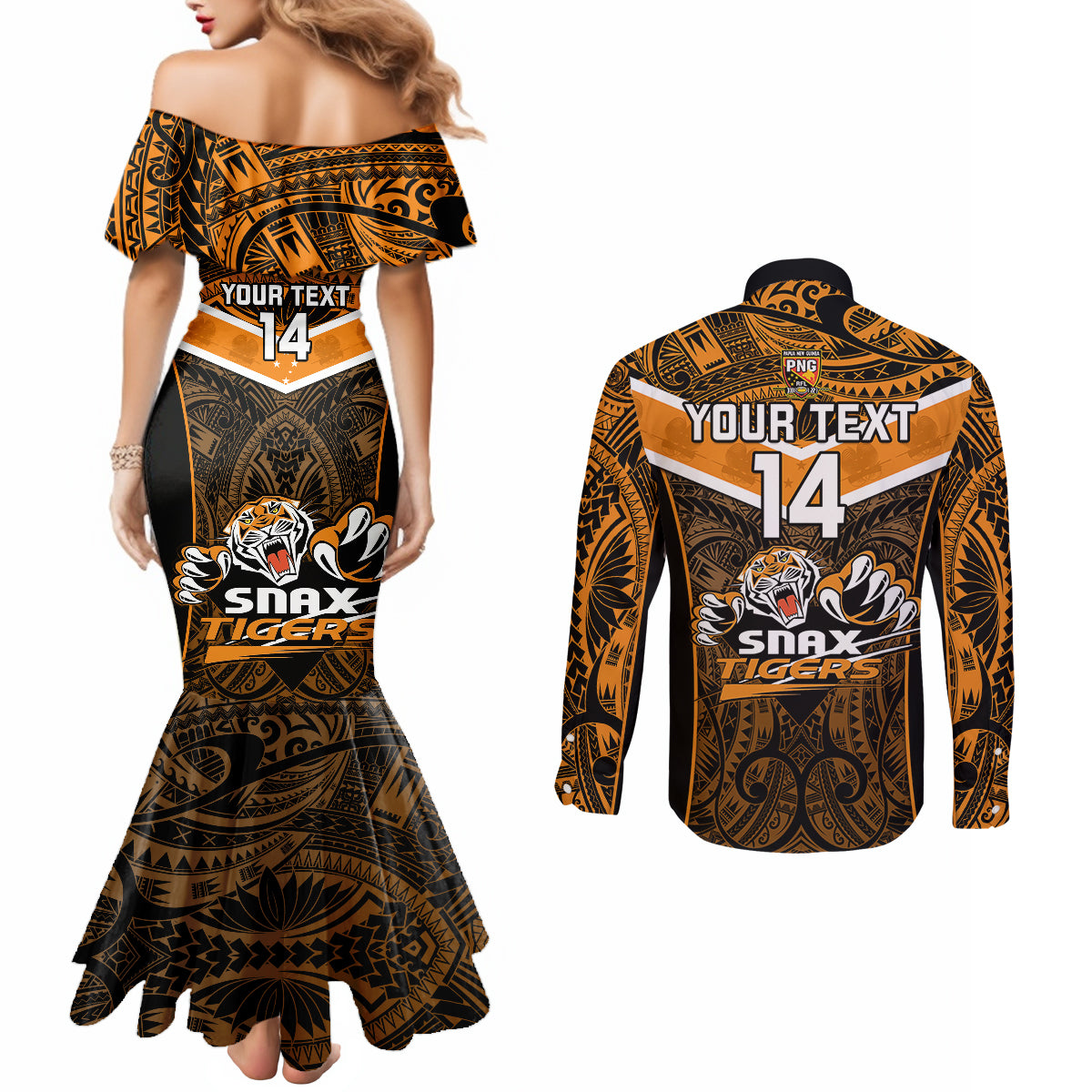 Custom Papua New Guinea Rugby Couples Matching Mermaid Dress and Long Sleeve Button Shirts Lae Snax Tigers PNG Polynesian Pattern LT14 - Polynesian Pride
