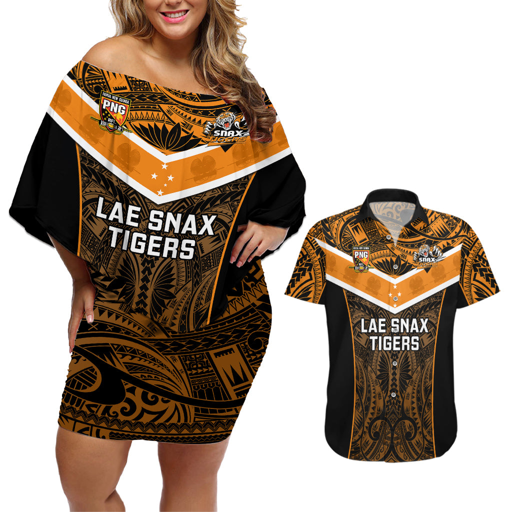 Custom Papua New Guinea Rugby Couples Matching Off Shoulder Short Dress and Hawaiian Shirt Lae Snax Tigers PNG Polynesian Pattern LT14 Orange - Polynesian Pride