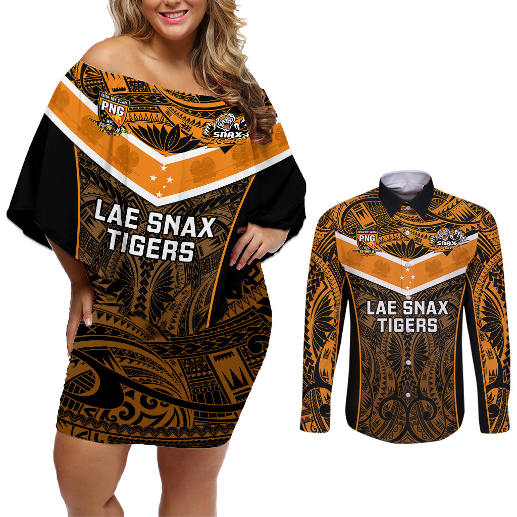 Custom Papua New Guinea Rugby Couples Matching Off Shoulder Short Dress and Long Sleeve Button Shirts Lae Snax Tigers PNG Polynesian Pattern LT14 Orange - Polynesian Pride