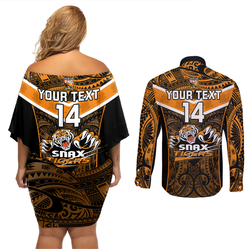 Custom Papua New Guinea Rugby Couples Matching Off Shoulder Short Dress and Long Sleeve Button Shirts Lae Snax Tigers PNG Polynesian Pattern LT14 - Polynesian Pride