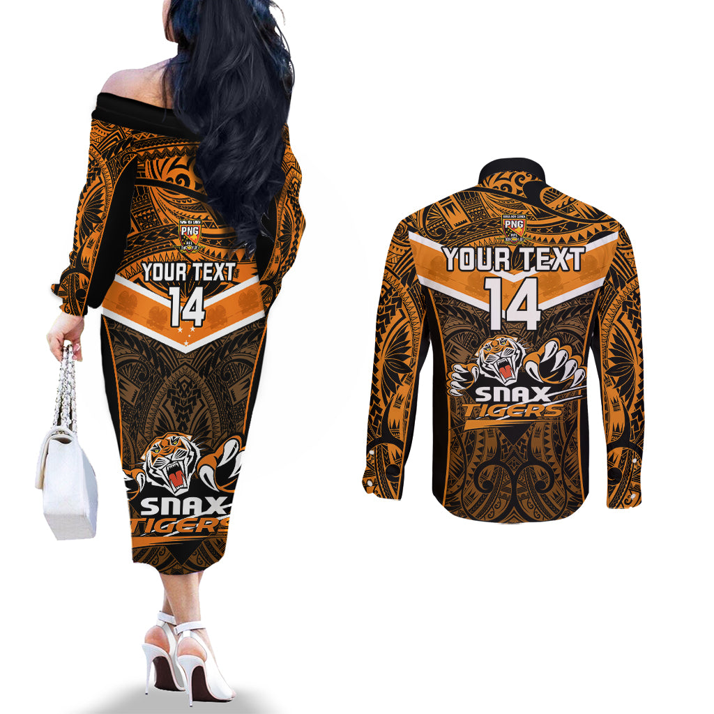 Custom Papua New Guinea Rugby Couples Matching Off The Shoulder Long Sleeve Dress and Long Sleeve Button Shirts Lae Snax Tigers PNG Polynesian Pattern LT14 - Polynesian Pride