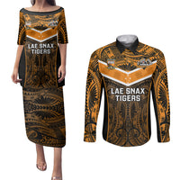 Custom Papua New Guinea Rugby Couples Matching Puletasi Dress and Long Sleeve Button Shirts Lae Snax Tigers PNG Polynesian Pattern LT14 Orange - Polynesian Pride
