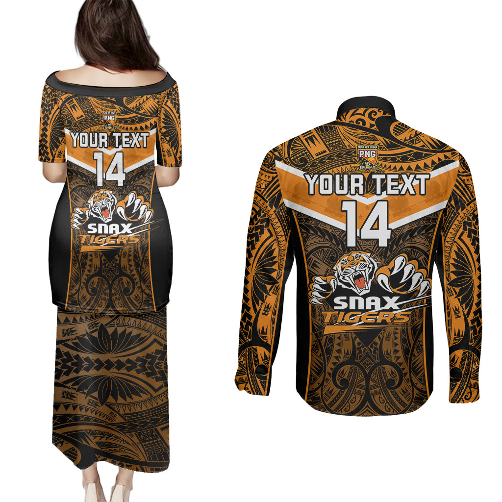 Custom Papua New Guinea Rugby Couples Matching Puletasi Dress and Long Sleeve Button Shirts Lae Snax Tigers PNG Polynesian Pattern LT14 - Polynesian Pride