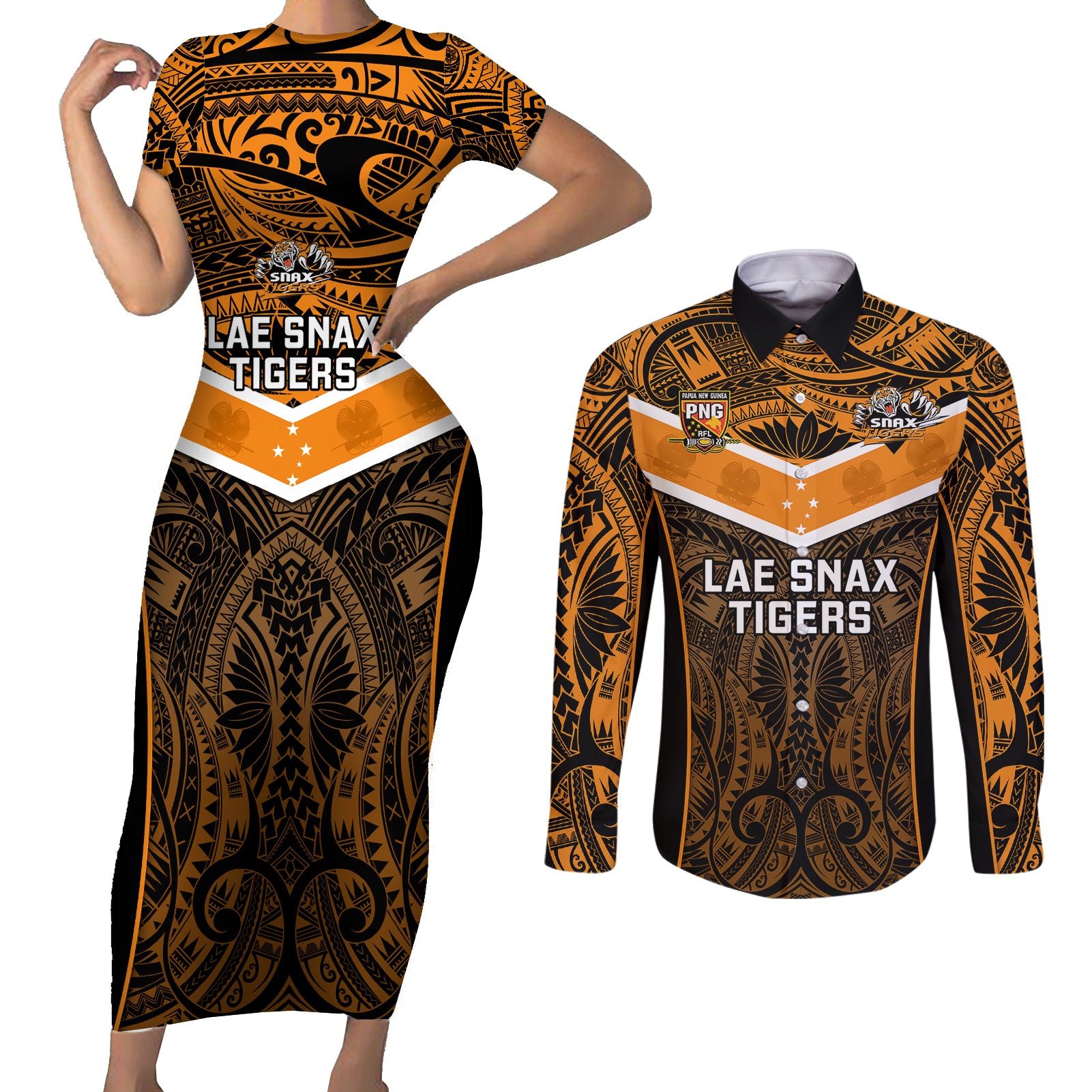 Custom Papua New Guinea Rugby Couples Matching Short Sleeve Bodycon Dress and Long Sleeve Button Shirts Lae Snax Tigers PNG Polynesian Pattern LT14 Orange - Polynesian Pride