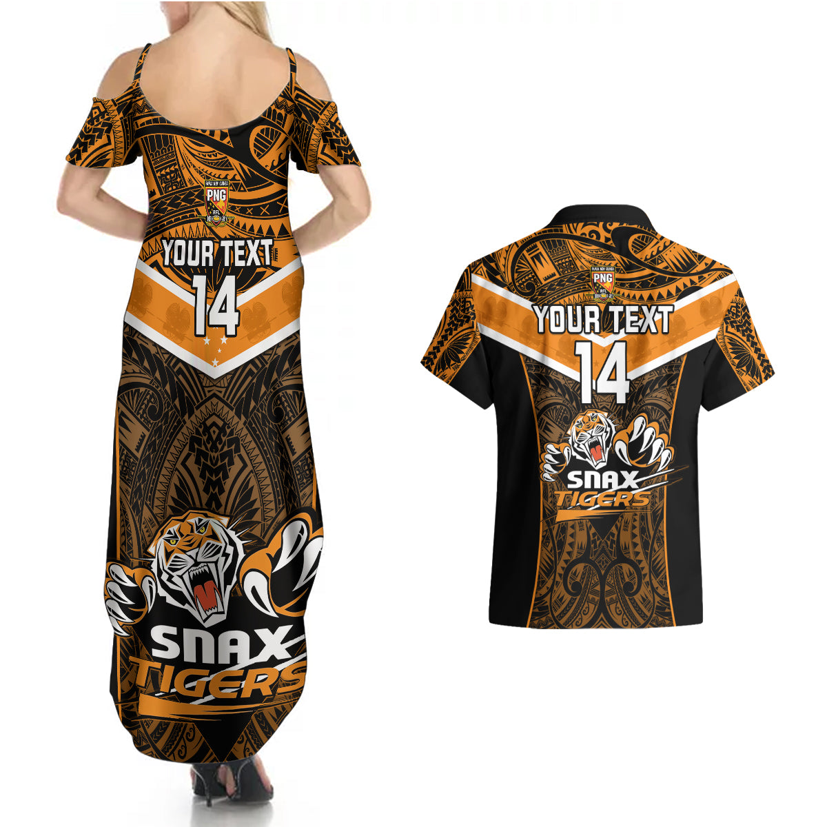 Custom Papua New Guinea Rugby Couples Matching Summer Maxi Dress and Hawaiian Shirt Lae Snax Tigers PNG Polynesian Pattern LT14 - Polynesian Pride