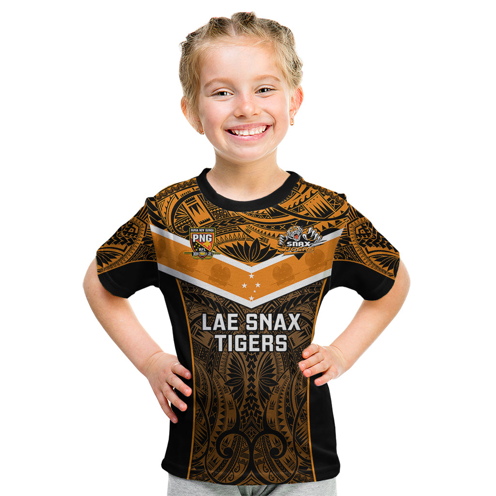 Custom Papua New Guinea Rugby Kid T Shirt Lae Snax Tigers PNG Polynesian Pattern LT14 Orange - Polynesian Pride