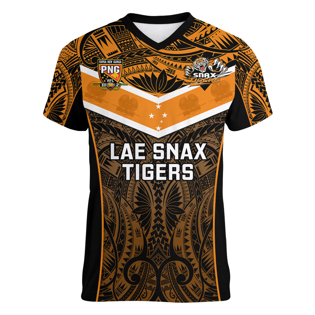 Custom Papua New Guinea Rugby Women V Neck T Shirt Lae Snax Tigers PNG Polynesian Pattern LT14 Female Orange - Polynesian Pride
