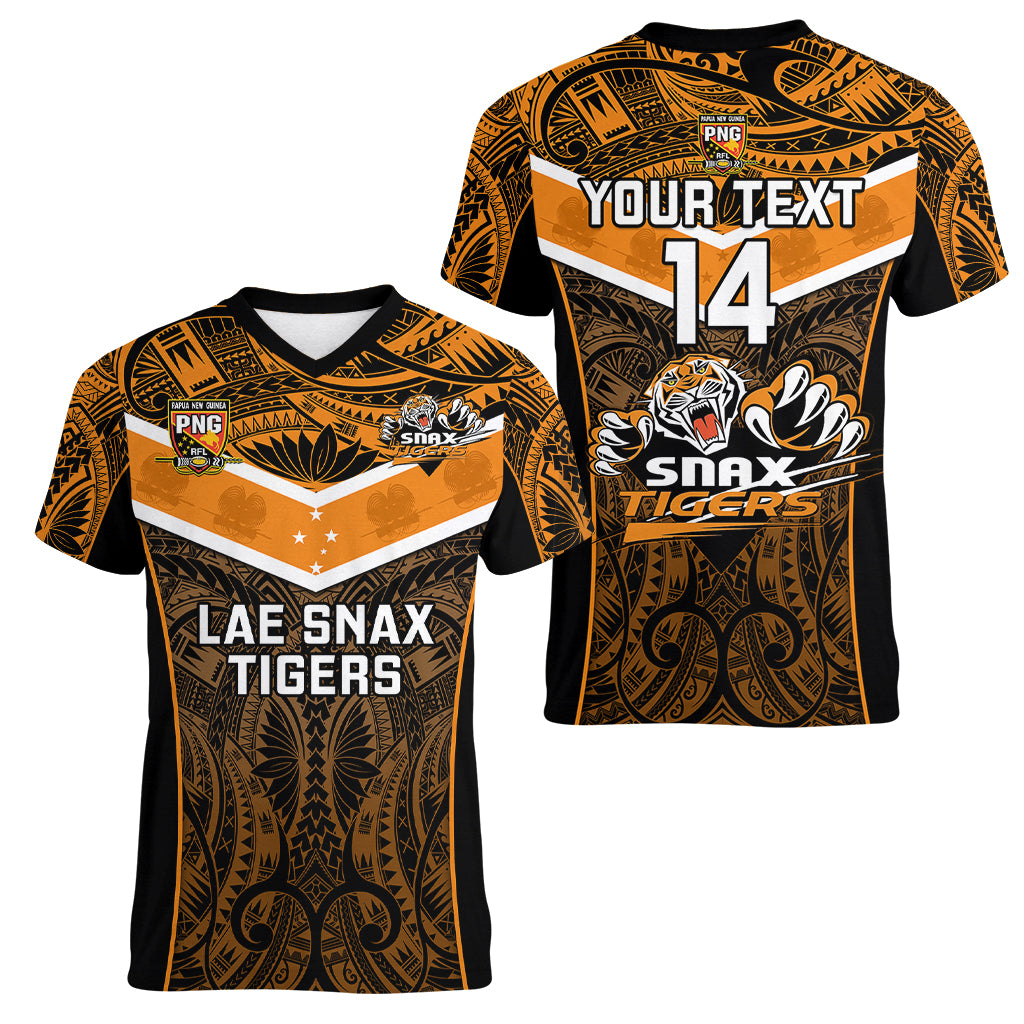 Custom Papua New Guinea Rugby Women V Neck T Shirt Lae Snax Tigers PNG Polynesian Pattern LT14 - Polynesian Pride