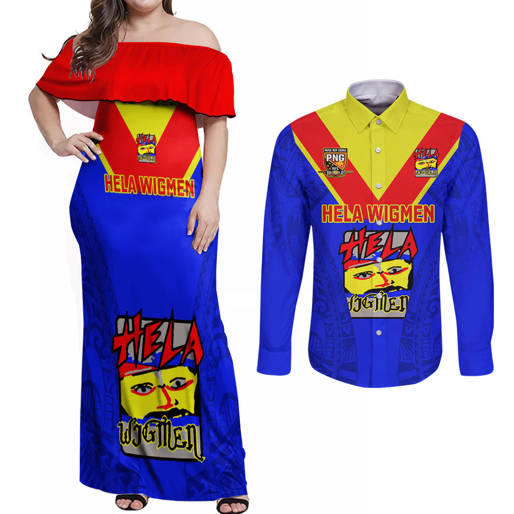 Papua New Guinea Rugby Couples Matching Off Shoulder Maxi Dress and Long Sleeve Button Shirts Hela Wigmen PNG Polynesian Pattern LT14 Blue - Polynesian Pride
