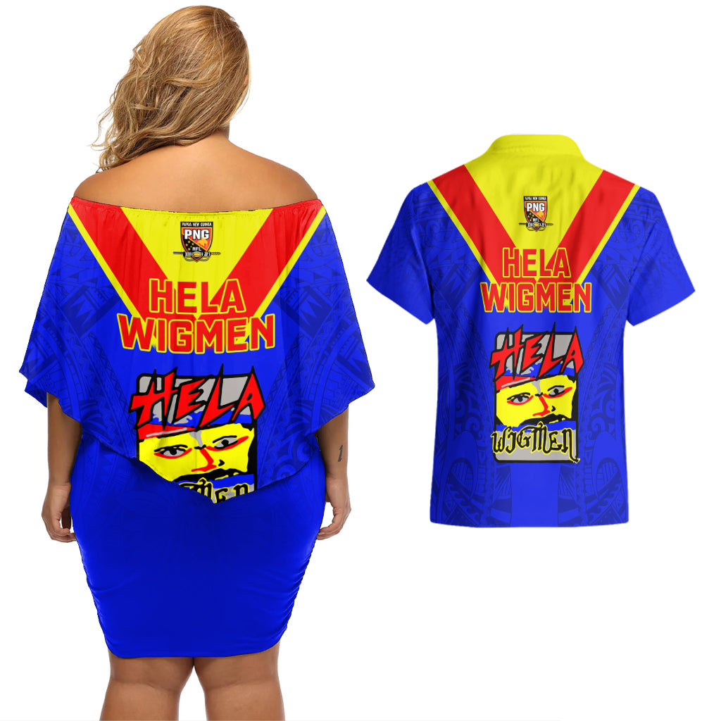 Papua New Guinea Rugby Couples Matching Off Shoulder Short Dress and Hawaiian Shirt Hela Wigmen PNG Polynesian Pattern LT14 - Polynesian Pride