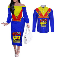 Papua New Guinea Rugby Couples Matching Off The Shoulder Long Sleeve Dress and Long Sleeve Button Shirts Hela Wigmen PNG Polynesian Pattern LT14 Blue - Polynesian Pride