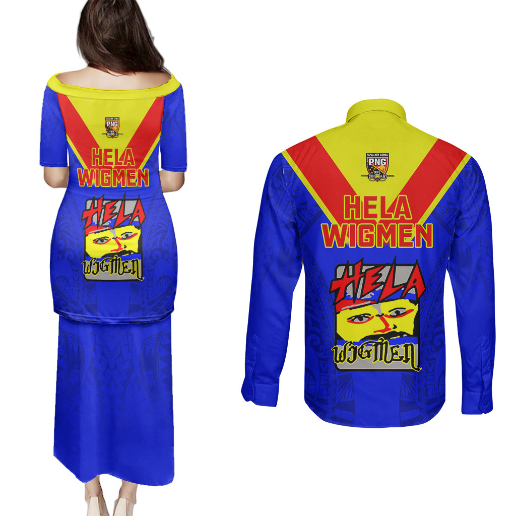 Papua New Guinea Rugby Couples Matching Puletasi Dress and Long Sleeve Button Shirts Hela Wigmen PNG Polynesian Pattern LT14 - Polynesian Pride