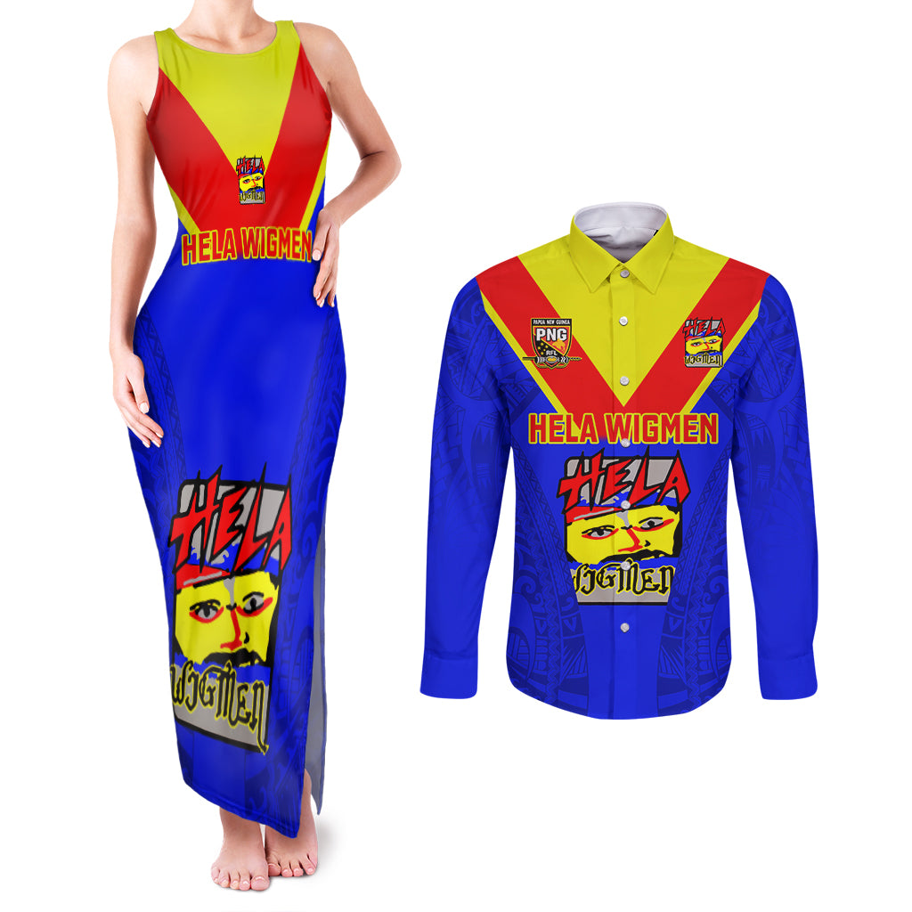 Papua New Guinea Rugby Couples Matching Tank Maxi Dress and Long Sleeve Button Shirts Hela Wigmen PNG Polynesian Pattern LT14 Blue - Polynesian Pride