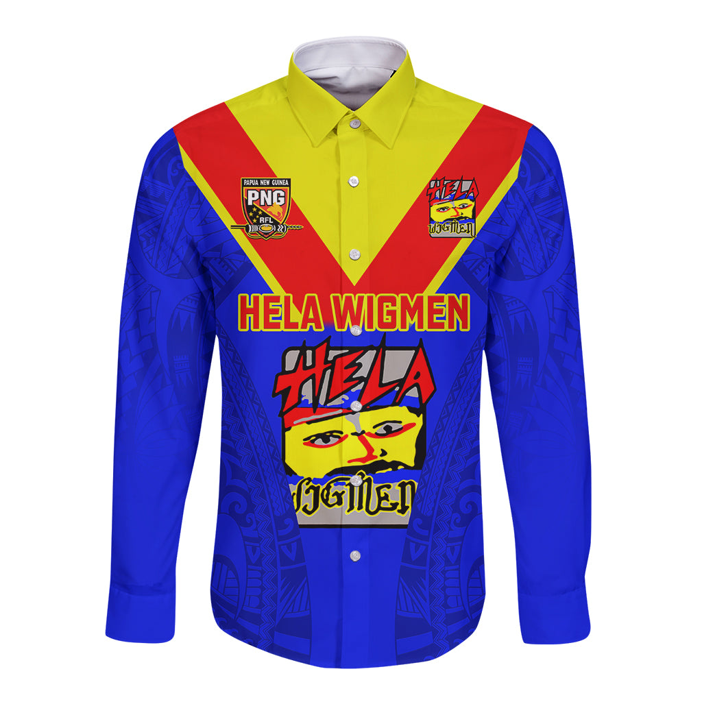 Papua New Guinea Rugby Long Sleeve Button Shirt Hela Wigmen PNG Polynesian Pattern LT14 Unisex Blue - Polynesian Pride