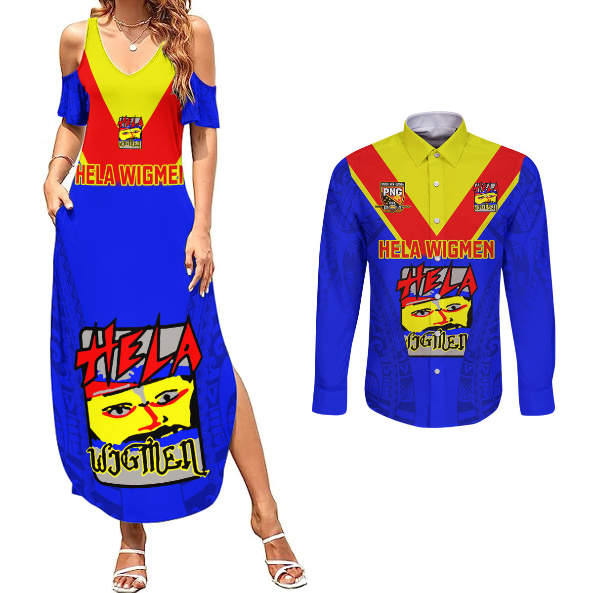 Custom Papua New Guinea Rugby Couples Matching Summer Maxi Dress and Long Sleeve Button Shirts Hela Wigmen PNG Polynesian Pattern LT14 Blue - Polynesian Pride