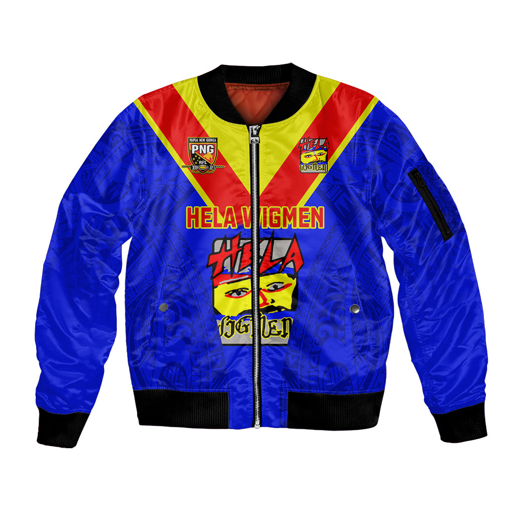 Custom Papua New Guinea Rugby Sleeve Zip Bomber Jacket Hela Wigmen PNG Polynesian Pattern LT14 Unisex Blue - Polynesian Pride