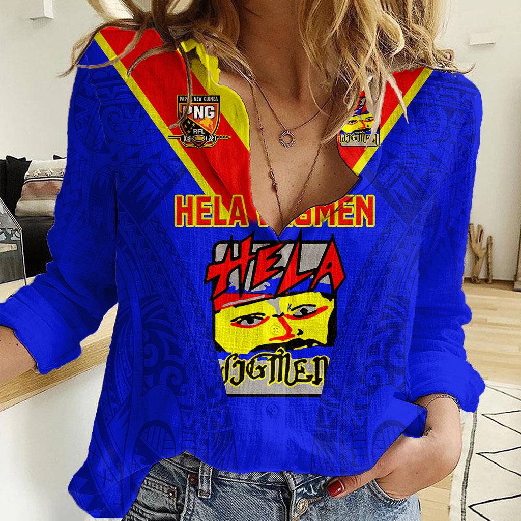 Custom Papua New Guinea Rugby Women Casual Shirt Hela Wigmen PNG Polynesian Pattern LT14 Female Blue - Polynesian Pride