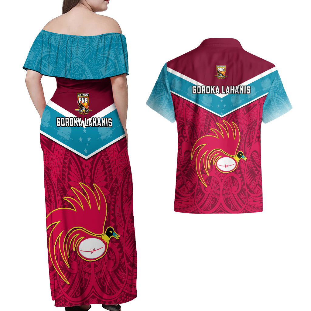 Papua New Guinea Rugby Couples Matching Off Shoulder Maxi Dress and Hawaiian Shirt Goroka Lahanis PNG Polynesian Pattern LT14 - Polynesian Pride