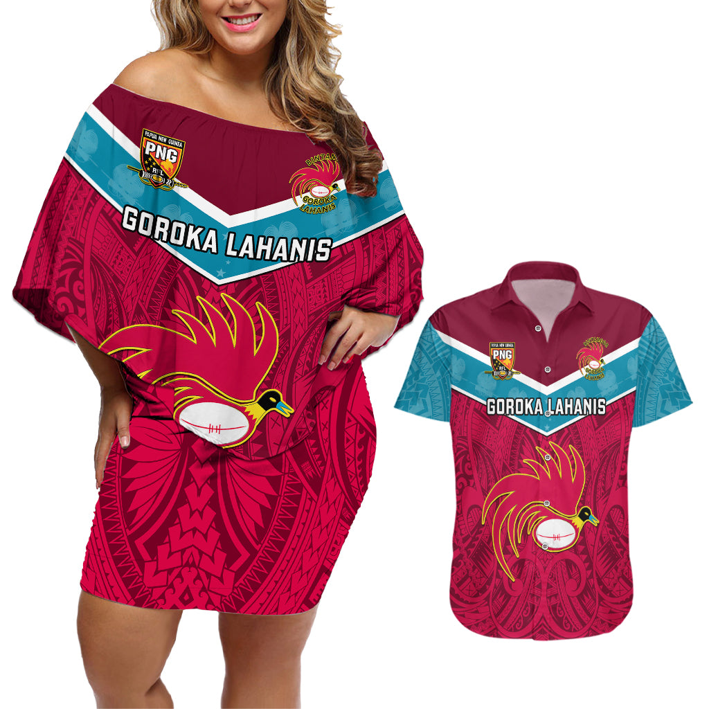 Papua New Guinea Rugby Couples Matching Off Shoulder Short Dress and Hawaiian Shirt Goroka Lahanis PNG Polynesian Pattern LT14 Red - Polynesian Pride