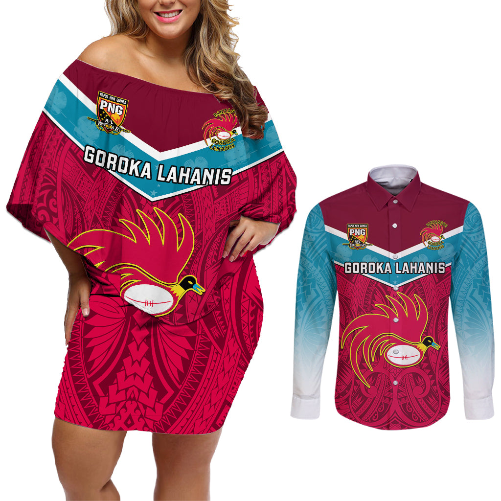 Papua New Guinea Rugby Couples Matching Off Shoulder Short Dress and Long Sleeve Button Shirts Goroka Lahanis PNG Polynesian Pattern LT14 Red - Polynesian Pride