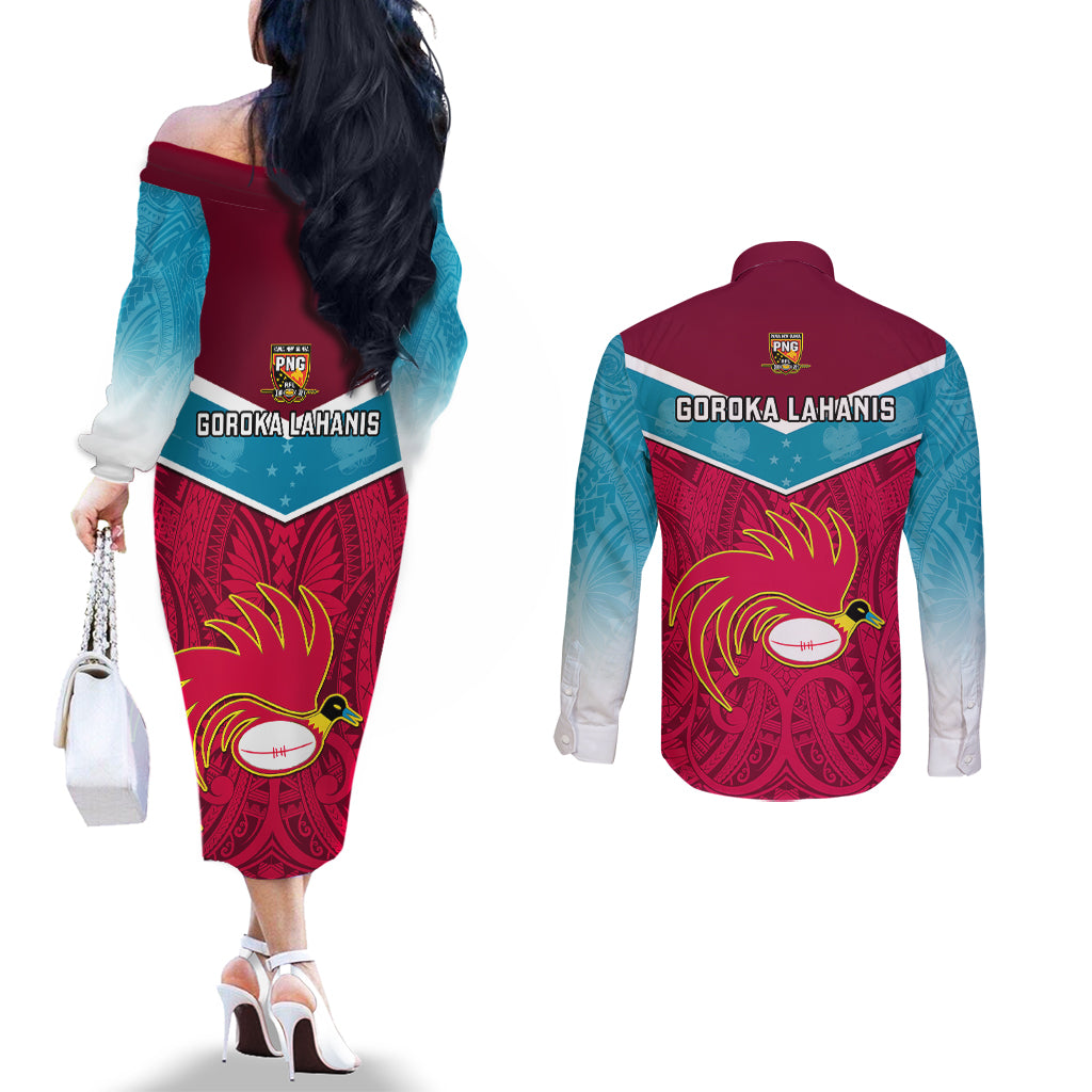 Papua New Guinea Rugby Couples Matching Off The Shoulder Long Sleeve Dress and Long Sleeve Button Shirts Goroka Lahanis PNG Polynesian Pattern LT14 - Polynesian Pride