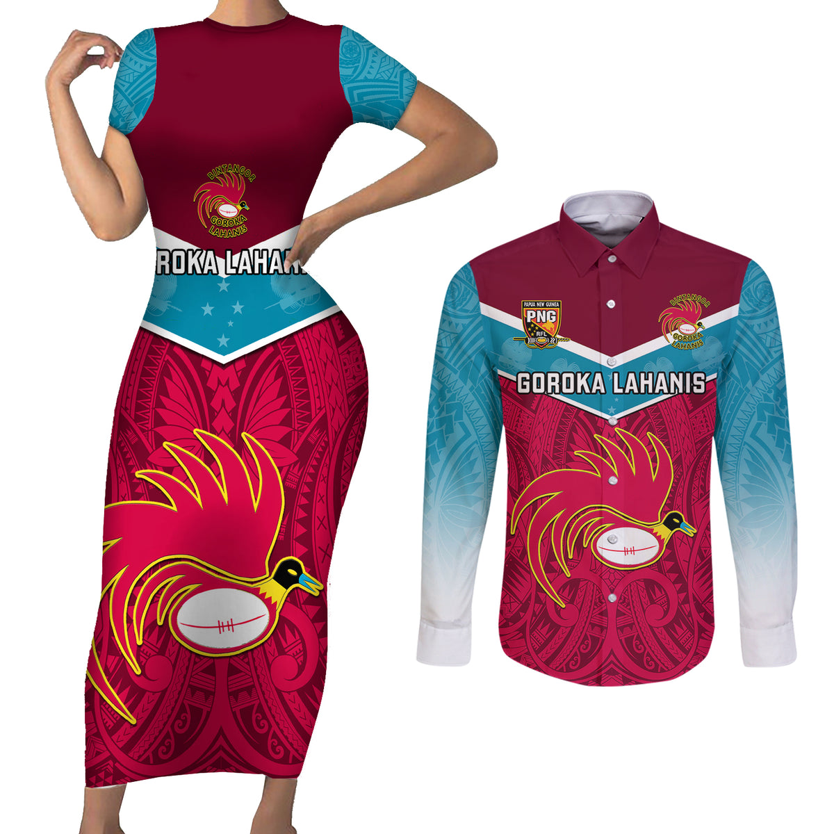 Papua New Guinea Rugby Couples Matching Short Sleeve Bodycon Dress and Long Sleeve Button Shirts Goroka Lahanis PNG Polynesian Pattern LT14 Red - Polynesian Pride
