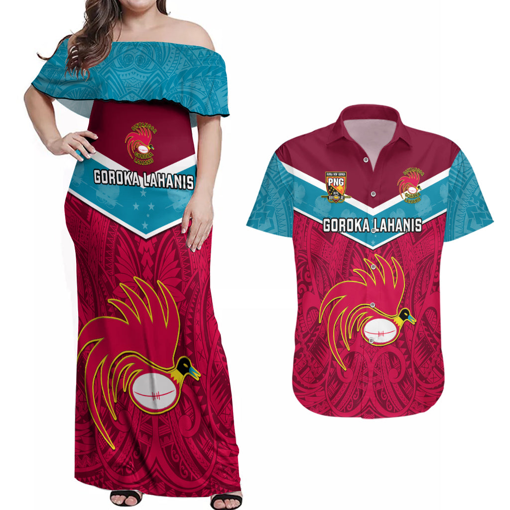 Custom Papua New Guinea Rugby Couples Matching Off Shoulder Maxi Dress and Hawaiian Shirt Goroka Lahanis PNG Polynesian Pattern LT14 Red - Polynesian Pride