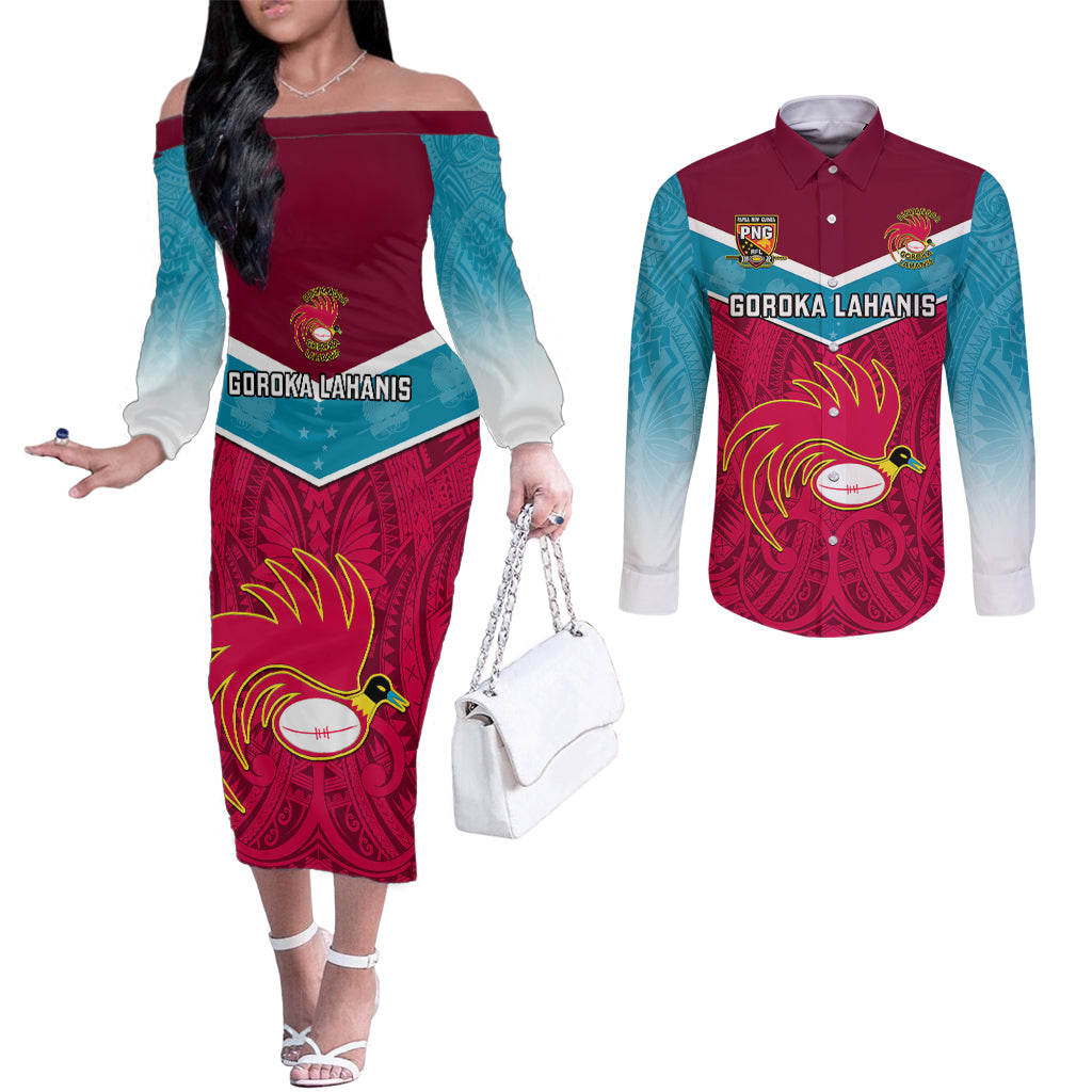 Custom Papua New Guinea Rugby Couples Matching Off The Shoulder Long Sleeve Dress and Long Sleeve Button Shirts Goroka Lahanis PNG Polynesian Pattern LT14 Red - Polynesian Pride