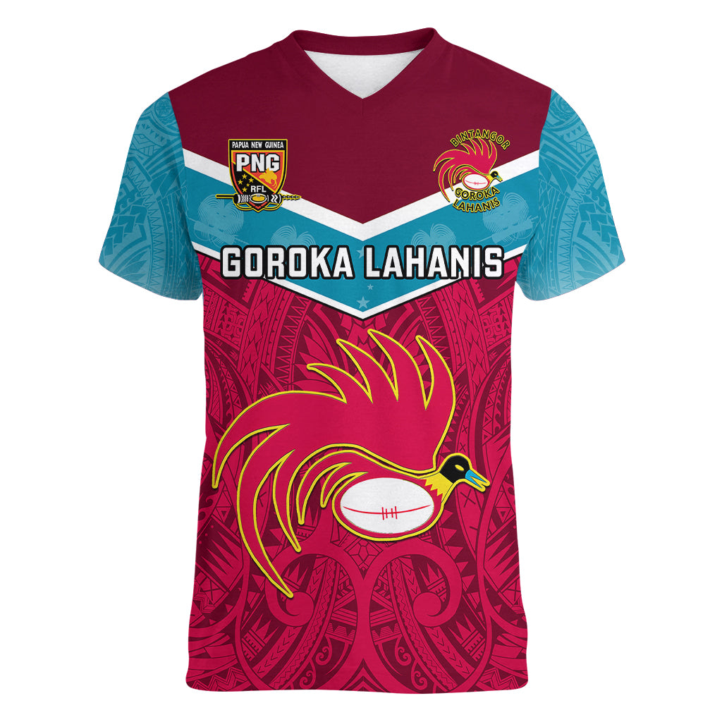 Custom Papua New Guinea Rugby Women V Neck T Shirt Goroka Lahanis PNG Polynesian Pattern LT14 Female Red - Polynesian Pride