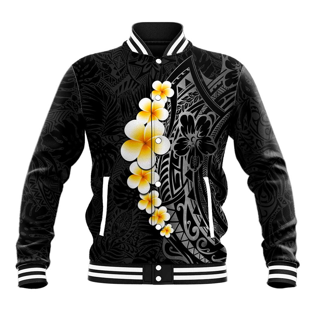 Black Tropical Plumeria With Galaxy Polynesian Art Baseball Jacket