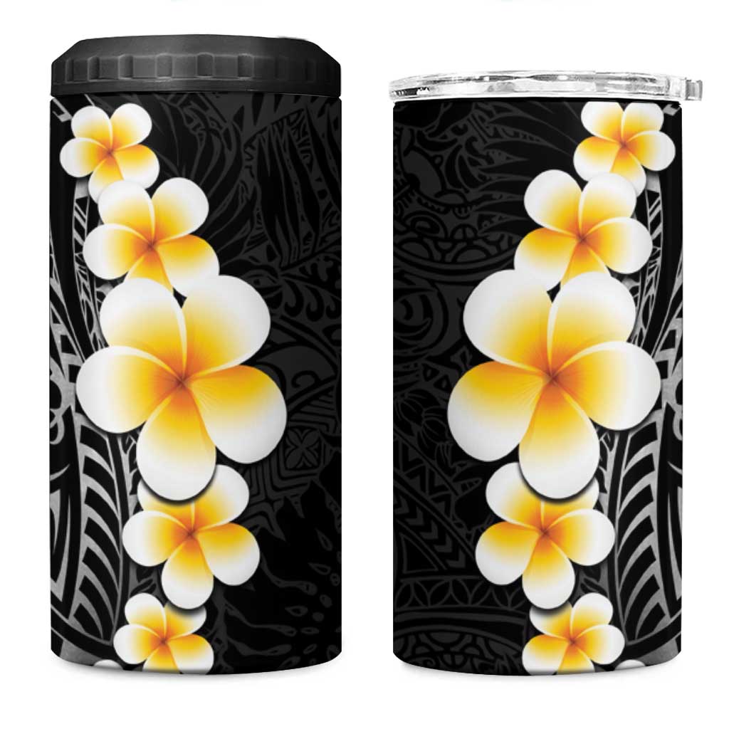Black Tropical Plumeria With Galaxy Polynesian Art 4 in 1 Can Cooler Tumbler