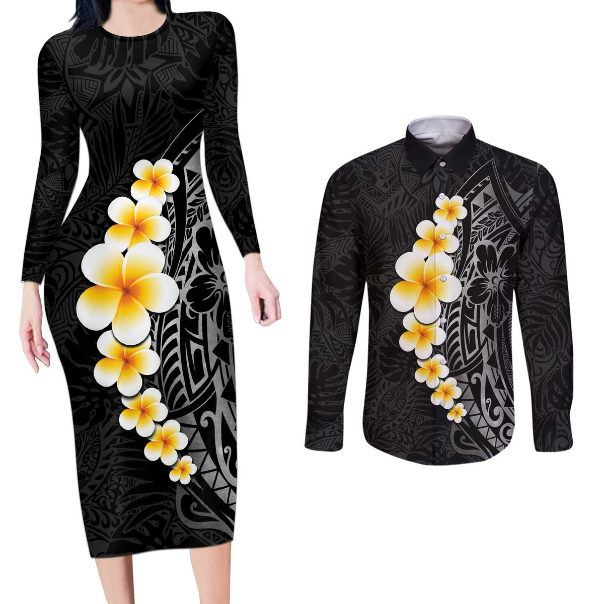 Black Tropical Plumeria With Galaxy Polynesian Art Couples Matching Long Sleeve Bodycon Dress and Long Sleeve Button Shirt
