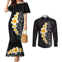 Black Tropical Plumeria With Galaxy Polynesian Art Couples Matching Mermaid Dress and Long Sleeve Button Shirt