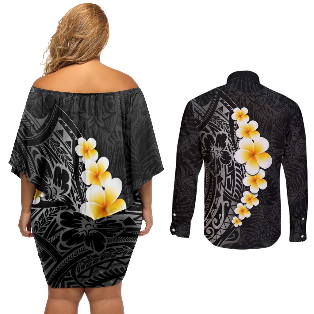 Black Tropical Plumeria With Galaxy Polynesian Art Couples Matching Off Shoulder Short Dress and Long Sleeve Button Shirt