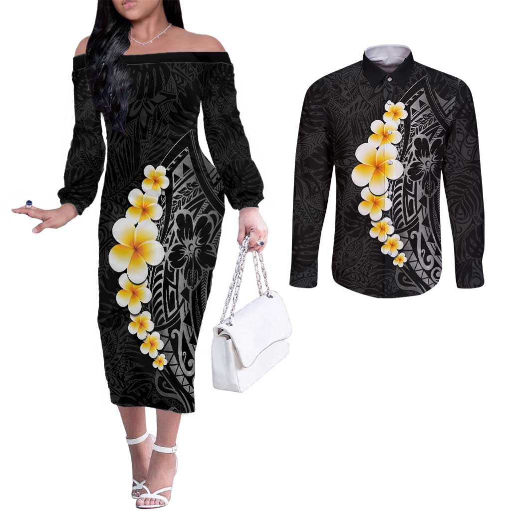Black Tropical Plumeria With Galaxy Polynesian Art Couples Matching Off The Shoulder Long Sleeve Dress and Long Sleeve Button Shirt