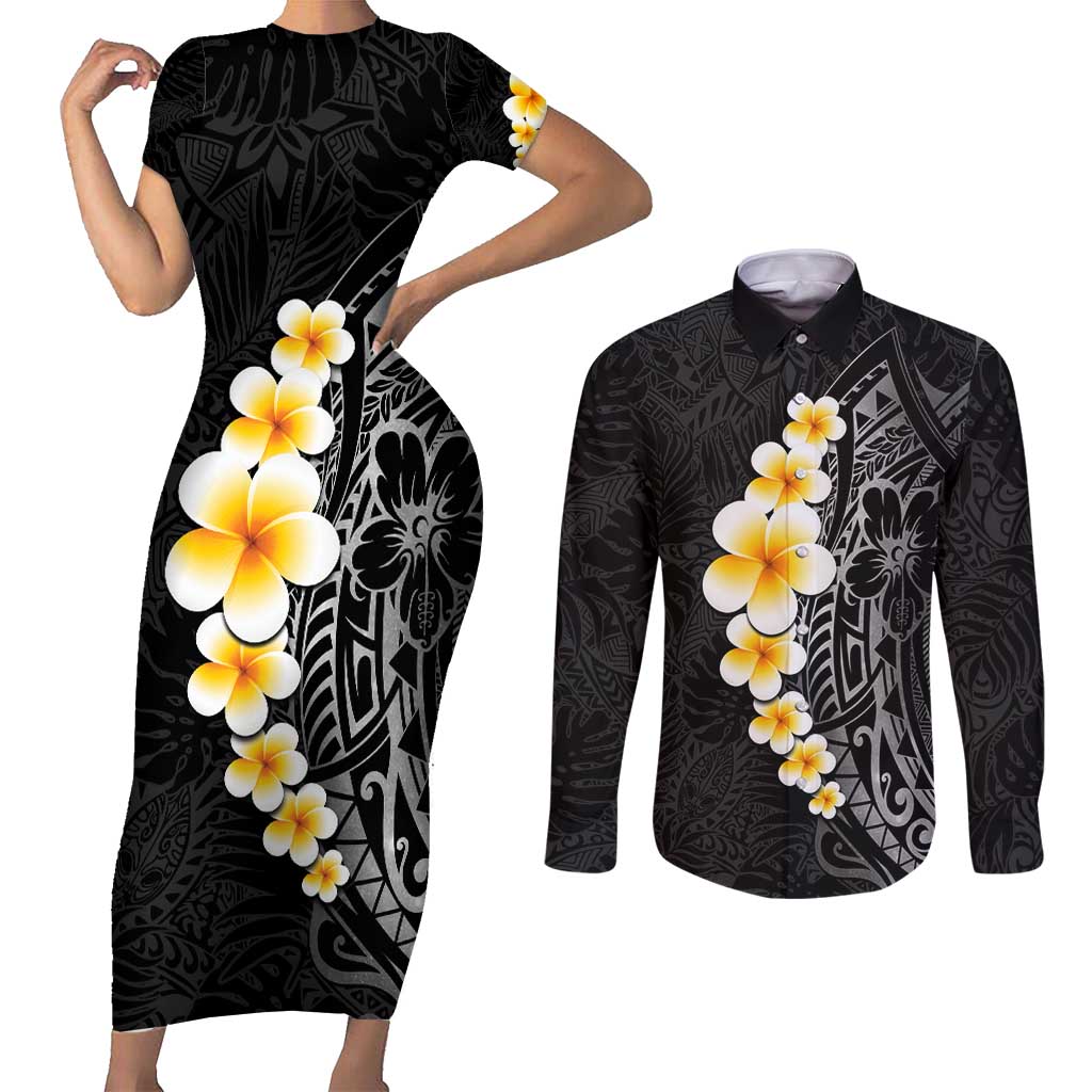 Black Tropical Plumeria With Galaxy Polynesian Art Couples Matching Short Sleeve Bodycon Dress and Long Sleeve Button Shirt