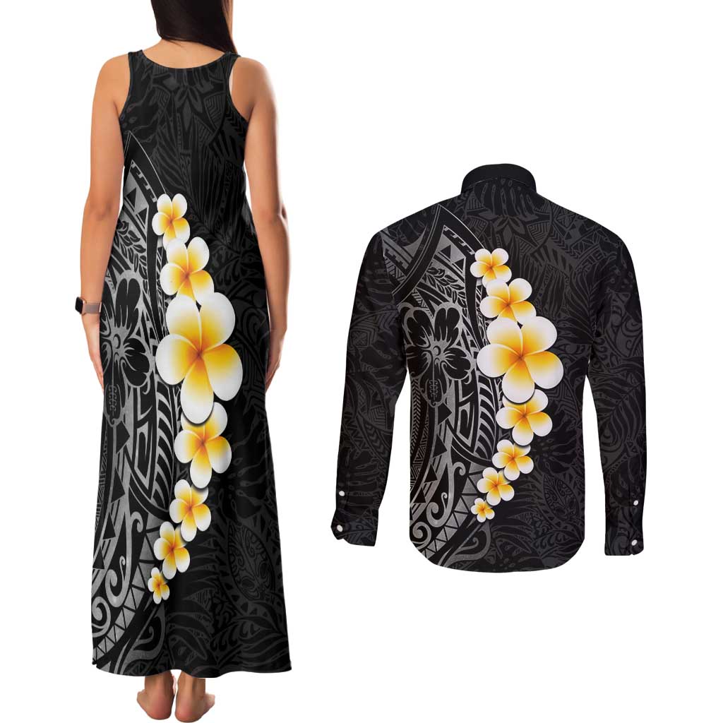 Black Tropical Plumeria With Galaxy Polynesian Art Couples Matching Tank Maxi Dress and Long Sleeve Button Shirt