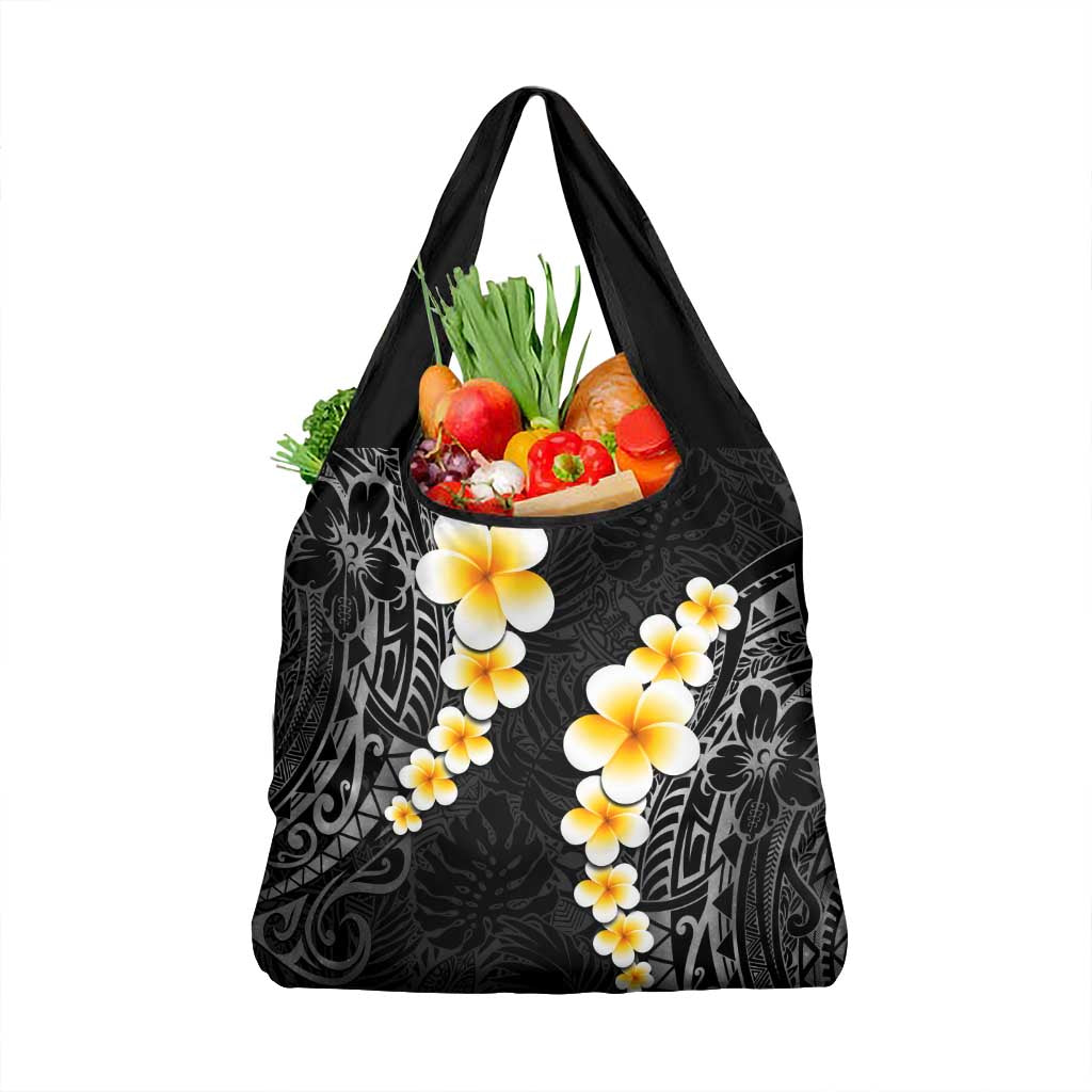 Black Tropical Plumeria With Galaxy Polynesian Art Grocery Bag