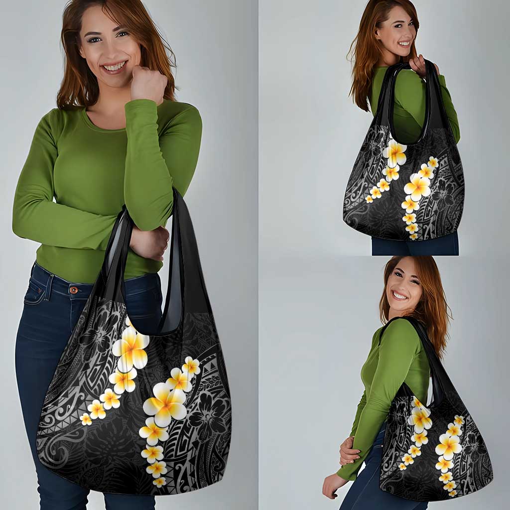 Black Tropical Plumeria With Galaxy Polynesian Art Grocery Bag