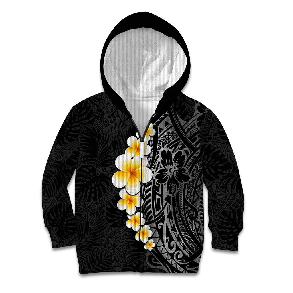 Black Tropical Plumeria With Galaxy Polynesian Art Kid Hoodie LT14 Zip Hoodie Black - Polynesian Pride