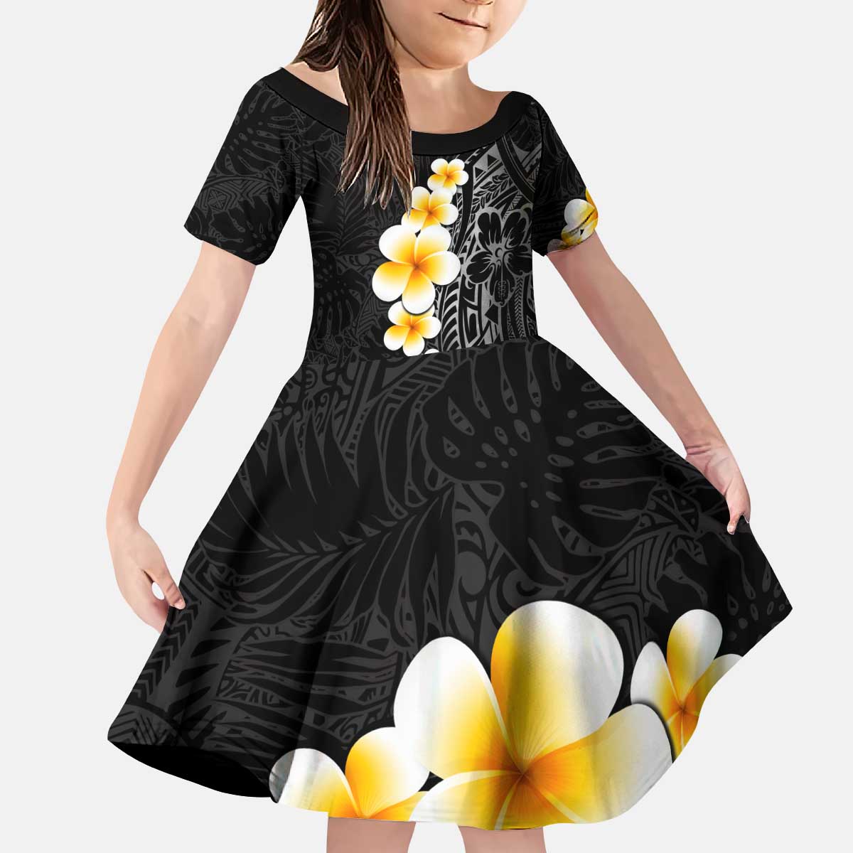 Black Tropical Plumeria With Galaxy Polynesian Art Kid Short Sleeve Dress LT14 KID Black - Polynesian Pride